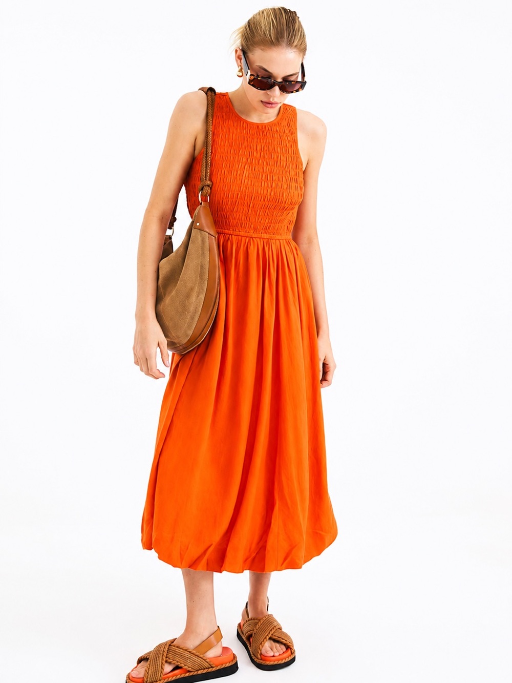 River Island Orange Smocked Bubble Hem Midi Dress – Size XL / 14